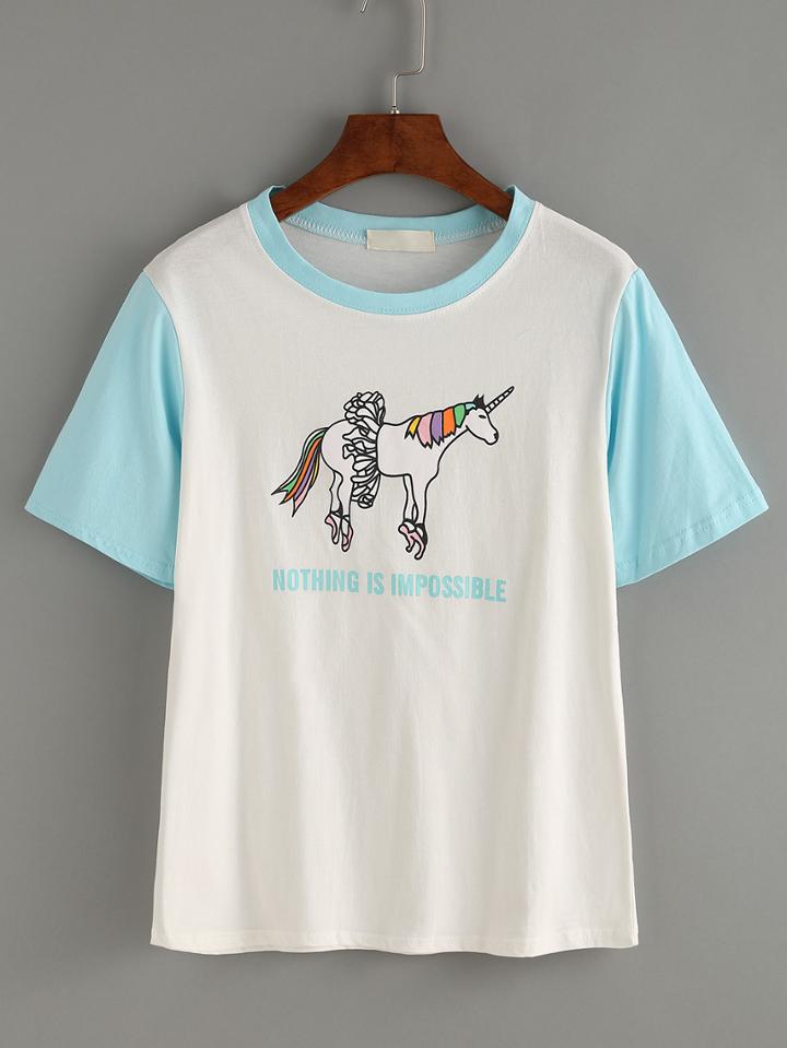 Shein Contrast Sleeve Unicorn Print T-shirt - White