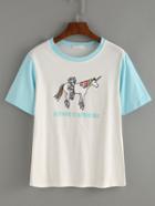 Shein Contrast Sleeve Unicorn Print T-shirt - White