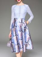 Shein Blue Contrast Lace Mesh Pockets Print Dress