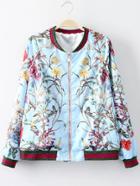 Shein Blue Rib-knit Cuff Printed Zipper Jacket