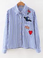 Shein Contrast Striped Embroidered Patches Shirt
