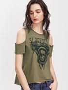 Shein Army Green Printed Open Shoulder Dip Hem T-shirt