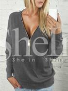 Shein Grey Zipper V Neck T-shirt