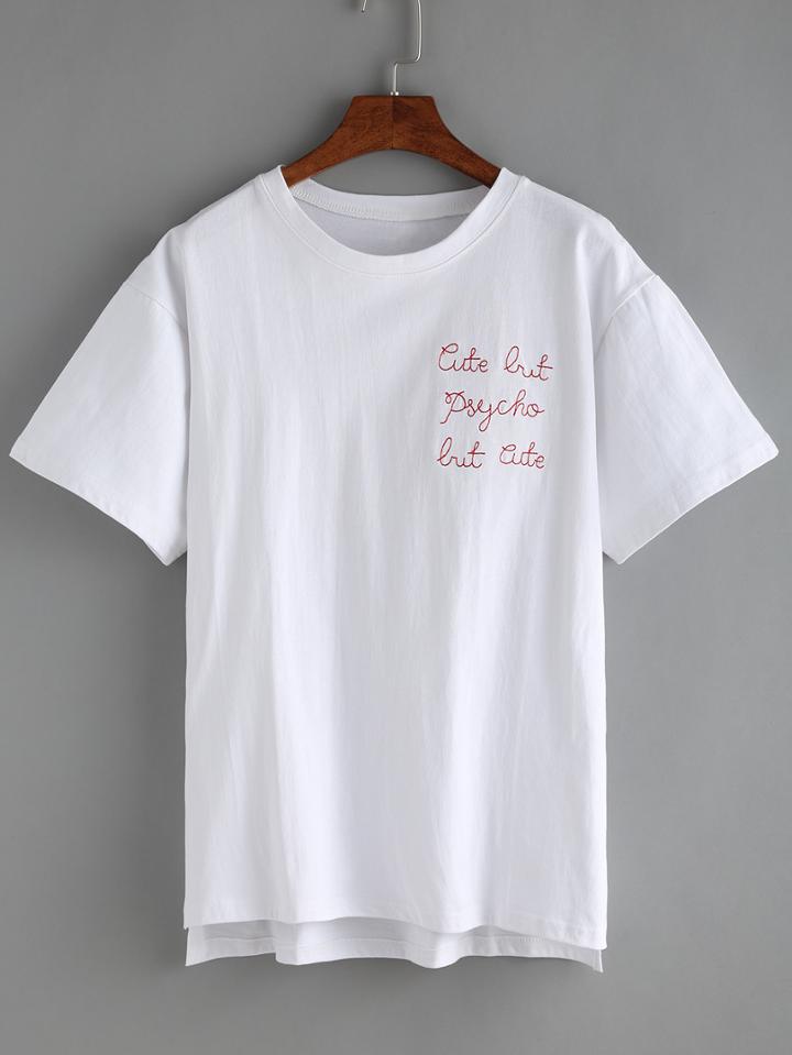 Shein Dip Hem Letters Embroidered T-shirt