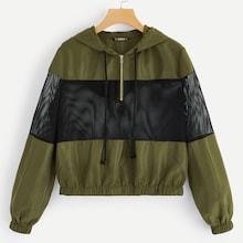 Shein Mesh Insert Two Tone Zip Front Hooded Jacket
