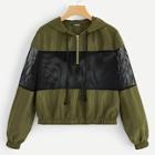 Shein Mesh Insert Two Tone Zip Front Hooded Jacket