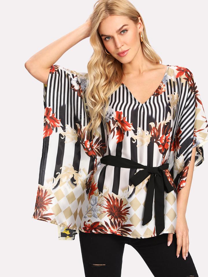 Shein Mixed Print Belted Poncho Top