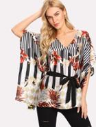 Shein Mixed Print Belted Poncho Top