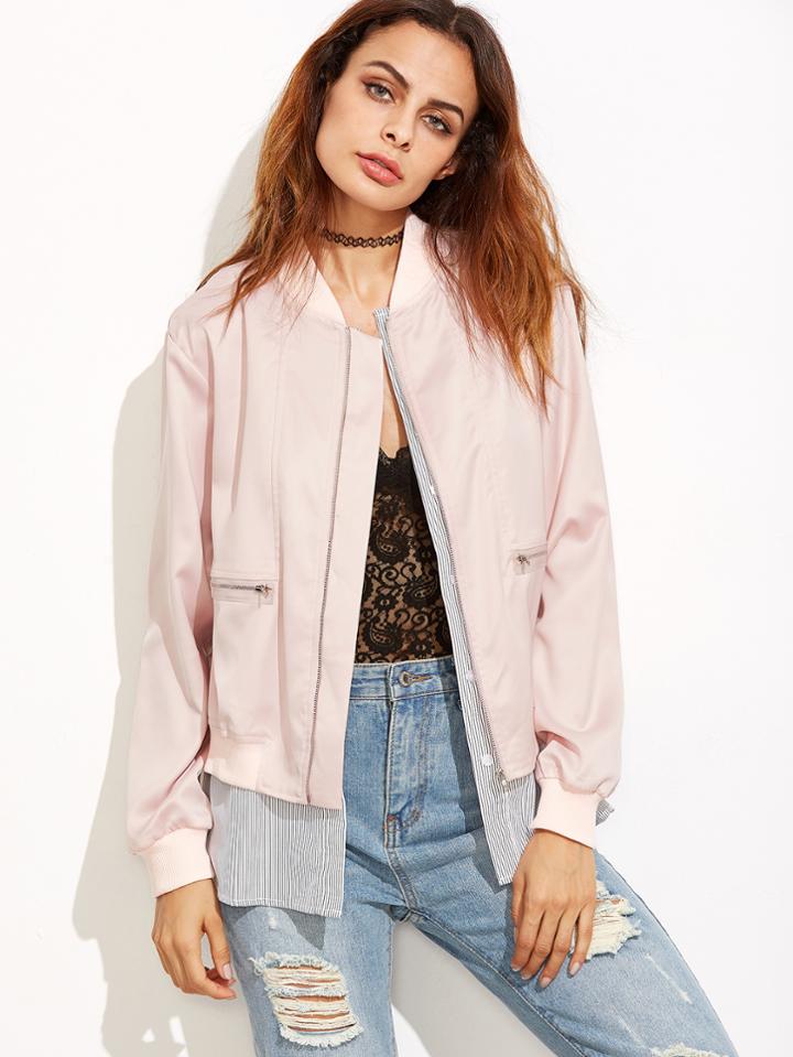Shein Pink Striped Trim 2 In 1 Bomber Jacket