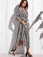 Shein Contrast Vertical Striped Notch Lapel Belted Shirt Dress