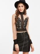 Shein Contrast Embroidered Lace Panel Mesh Keyhole Back Top