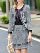 Shein Black Bowknot Top With Houndstooth Woolen Skirt