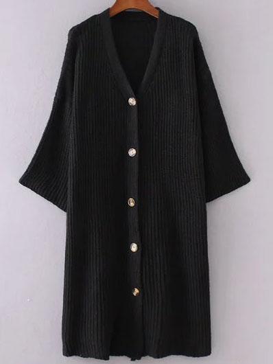 Shein Black V Neck Drop Shoulder Single Breasted Long Sweater Coat