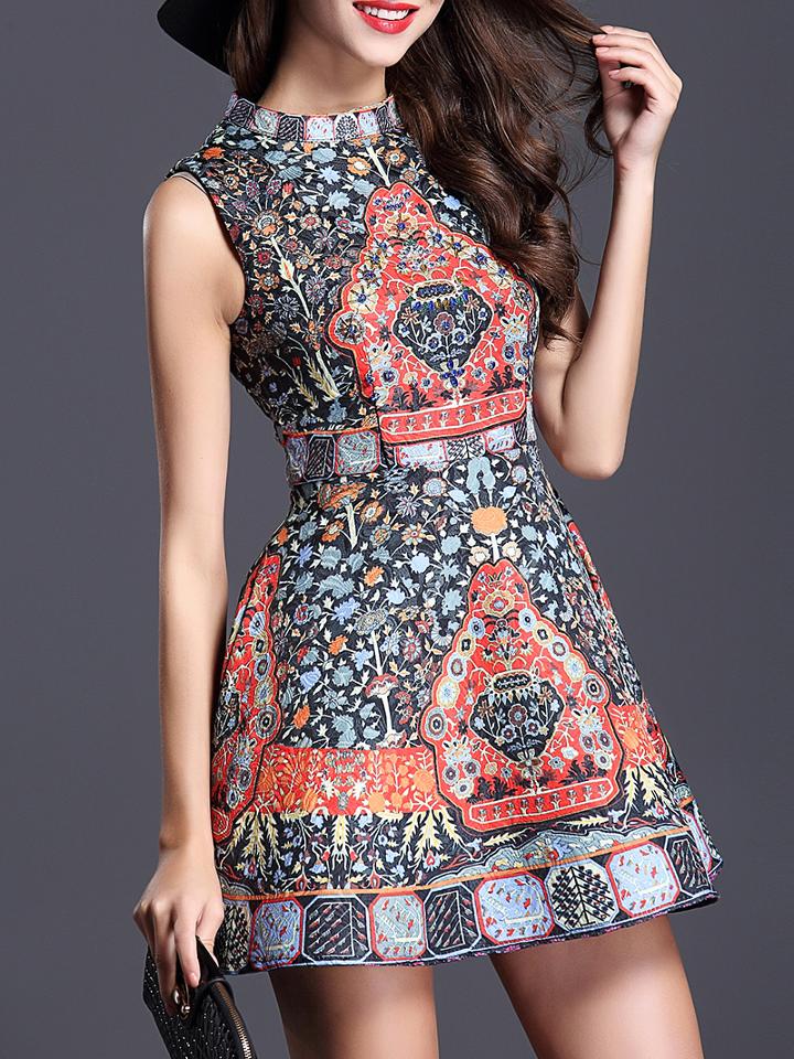 Shein Multicolor Stand Collar Sleeveless Beading Print Flare Dress