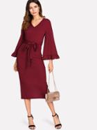 Shein Flounce Sleeve Self Belted Split Back Dress