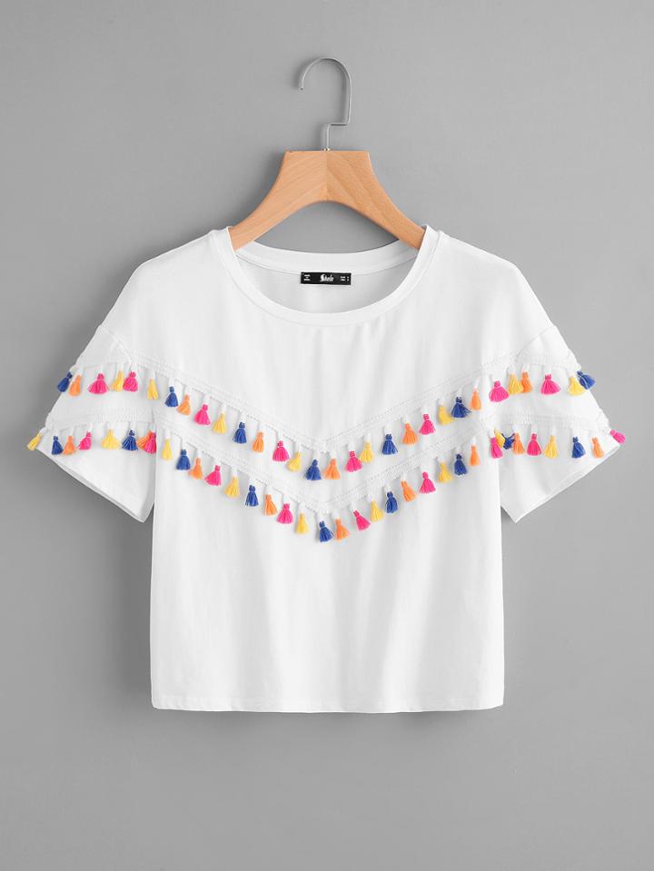 Shein Colorful Tassel Trim Tee