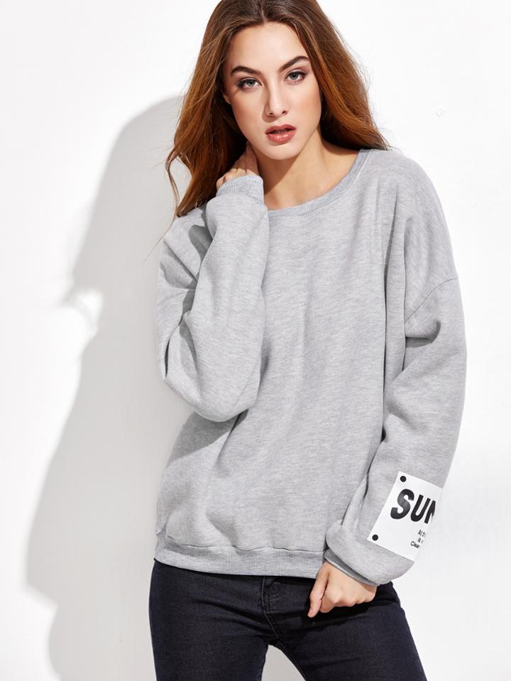Shein Grey Drop Shoulder Letters Print Sweatshirt