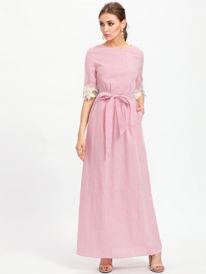 Shein Lace Applique Sleeve Hidden Pocket Side Self Tie Dress