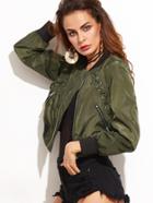 Shein Army Green Eyelet Lace Up Contrast Trim Jacket