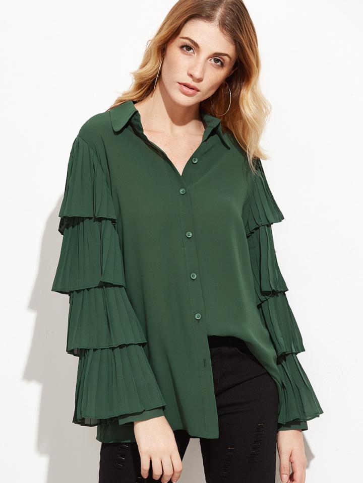 Shein Dark Green Pleated Layered Sleeve Blouse