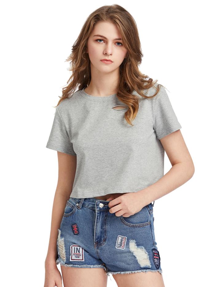 Shein Heather Grey Distressed Crop T-shirt