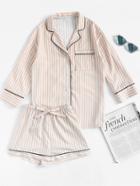 Shein Contrast Piping Striped Shirt & Shorts Pajama Set