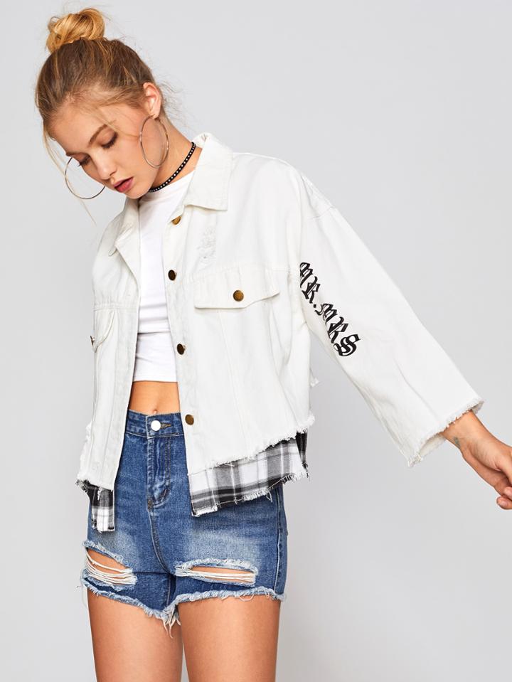 Shein Contrast Plaid Panel Letter Print Jacket