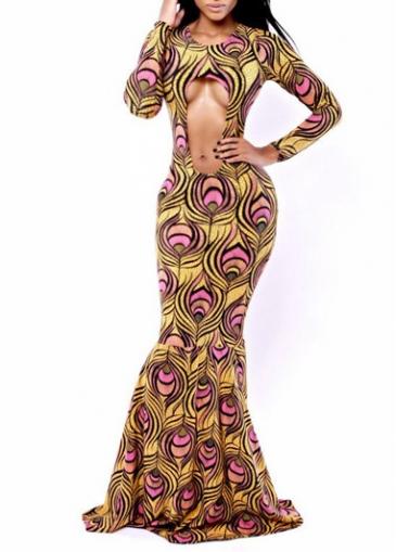 Rosewe Vintage Hollow Design Long Sleeve Dress With Print