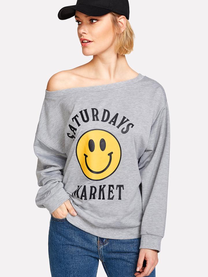 Shein Drop Shoulder Mixed Print Heathered Sweatshirt