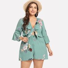 Shein Plus Knot Front Bell Sleeve Floral Jumpsuit