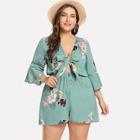 Shein Plus Knot Front Bell Sleeve Floral Jumpsuit