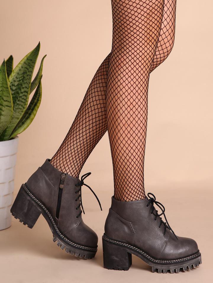 Shein Grey Pu Round Toe Lace Up Chunky Ankle Boots