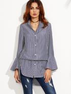 Shein Navy Vertical Striped Bell Sleeve High Low Long Blouse