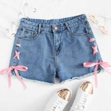 Shein Lace Up Side Raw Hem Denim Shorts