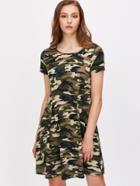 Shein Olive Green Camo Print Pleated Front Tee Dress