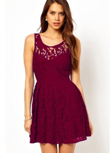 Rosewe Simple Tank Pattern Pleated Wine Red Backless Dress