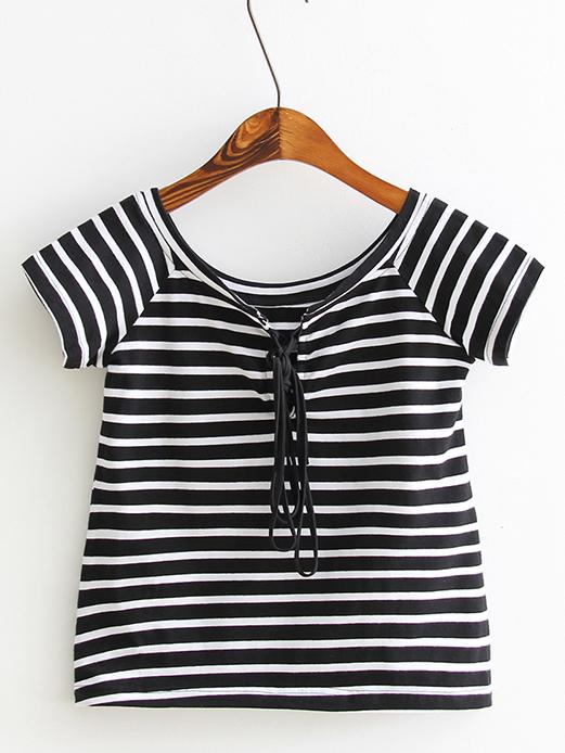 Shein Black And White Stripe Self Tie Slim T-shirt