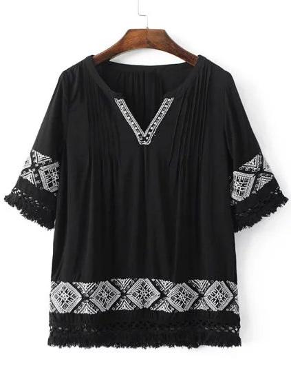 Shein Black V Neck Fringe Tirm Embroidery Blouse