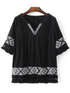 Shein Black V Neck Fringe Tirm Embroidery Blouse