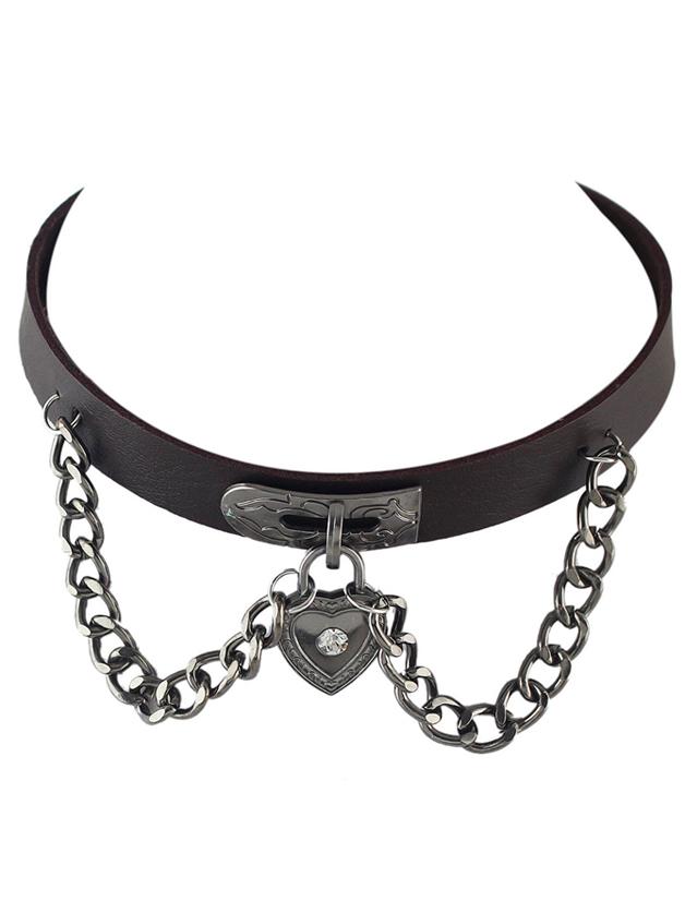 Shein Coffee Gothic Ajustable Pu Leather Choker Collar Necklace With Heart Pendant