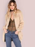 Shein Champagne Ribbed Trim Zip Up Longline Silky Bomber Jacket