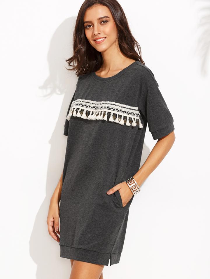 Shein Grey Short Sleeve Tassel Pockets Shift Dress