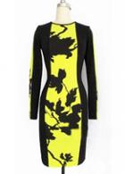 Rosewe Black And Yellow Color Blocking Sheath Dress For Autumn