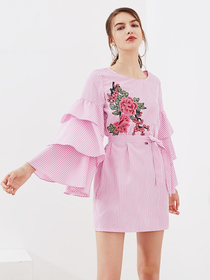 Shein Flower Patch Tiered Bell Sleeve Dress