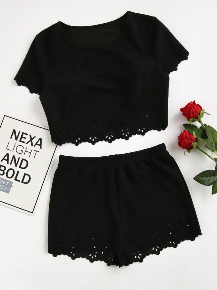 Shein Scallop Laser Cut Crop Top With Shorts