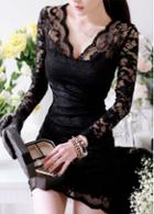 Rosewe V Neck Black Lace Package Hip Dress