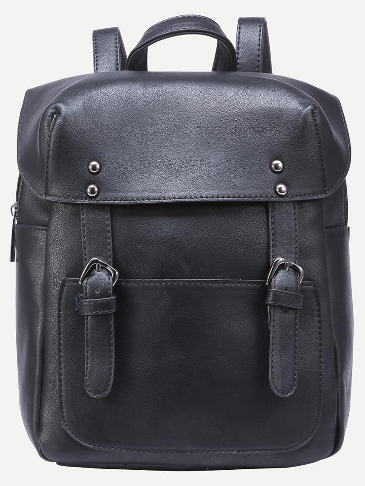 Shein Black Double Buckled Strap Distressed Flap Backpack