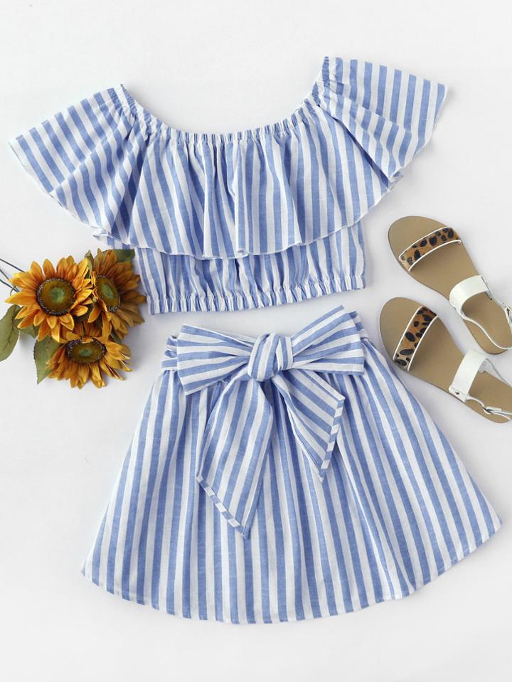 Shein Flounce Bardot Top And Bow Front Skirt Set
