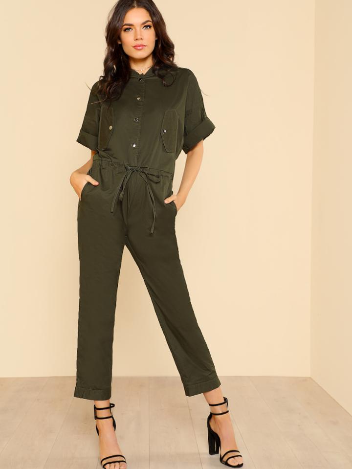 Shein Half Placket Drawstring Waist Utility Jumpsuit