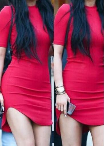 Rosewe Short Sleeve Red Curved Hem Sheath Dress